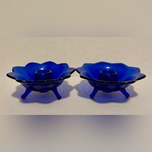 Cobalt Blue Glass Footed Scalloped Edged candle holders
